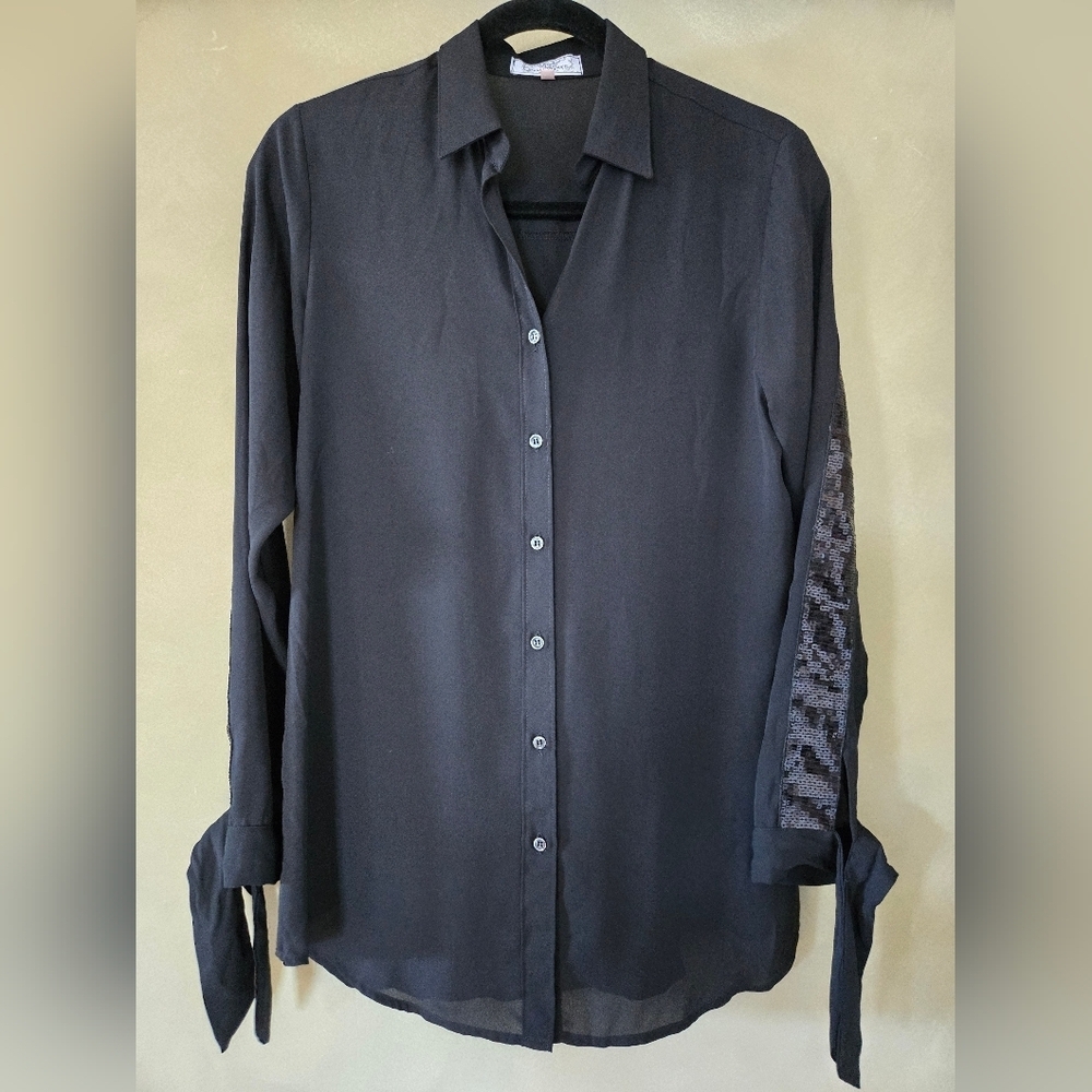 Vlt's By Valentina | Black Button-Up Shirt with Sequin Detail, Size S - Picture 2 of 6